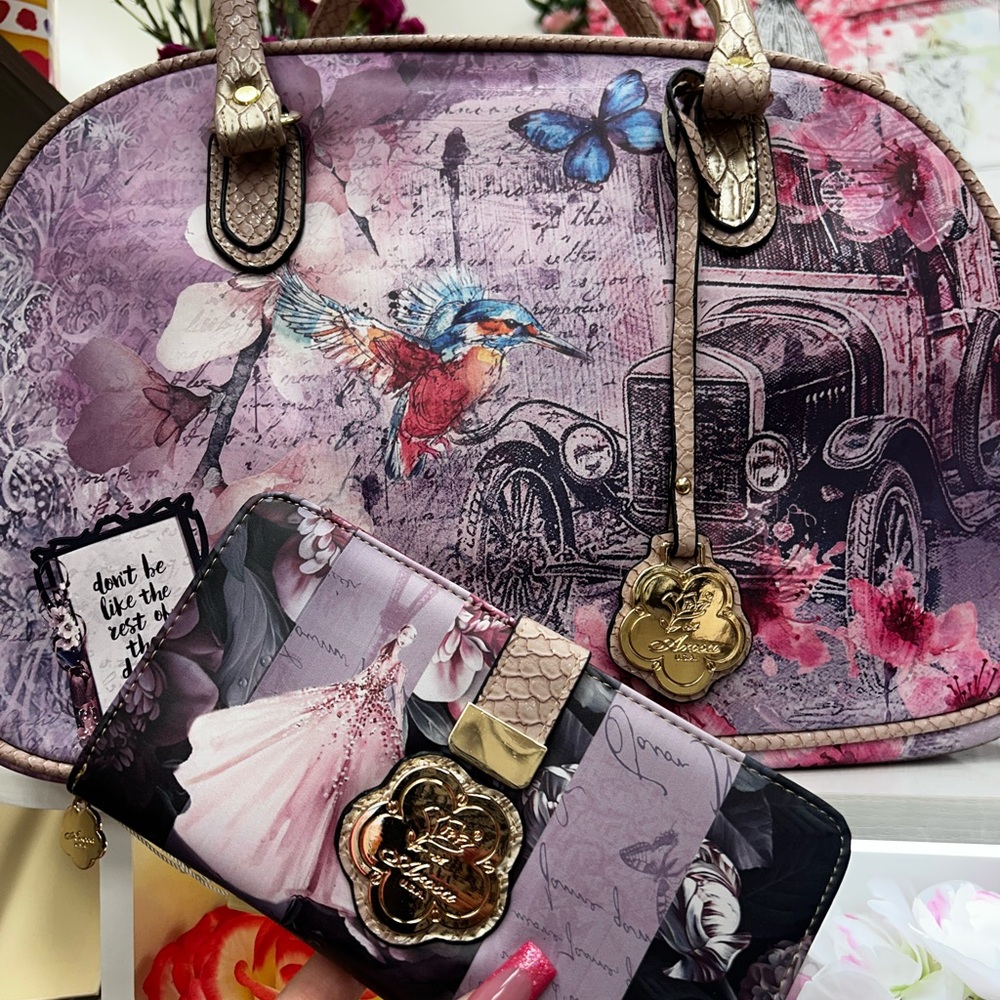 Women's Pink Floral Vintage Print Satchel Bag with Gold Accents